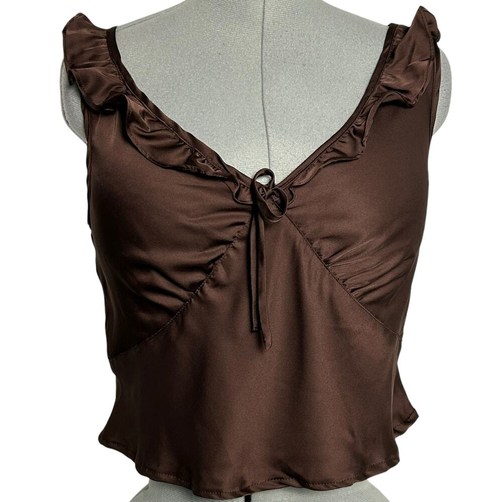 Azazie Chocolate Brown Satin Ruffled Pajama Top Size M